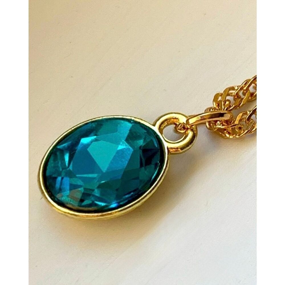 Aquamarine Blue Oval Pendant Necklace - Ocean Blue - Art Deco Style